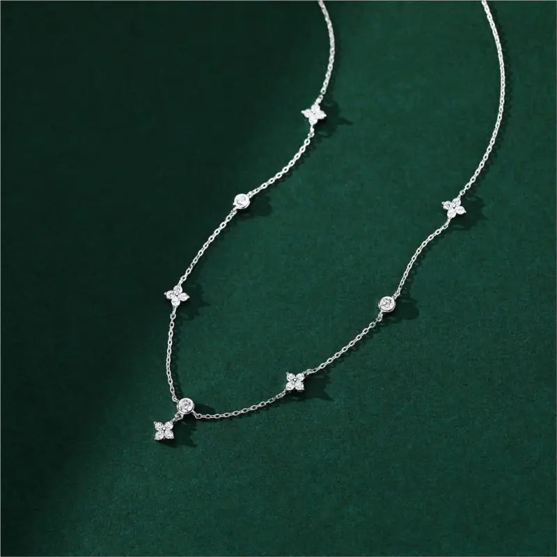 ANENJERY Inlaid Zircon Four-leaf Flower Chain Necklace for Women