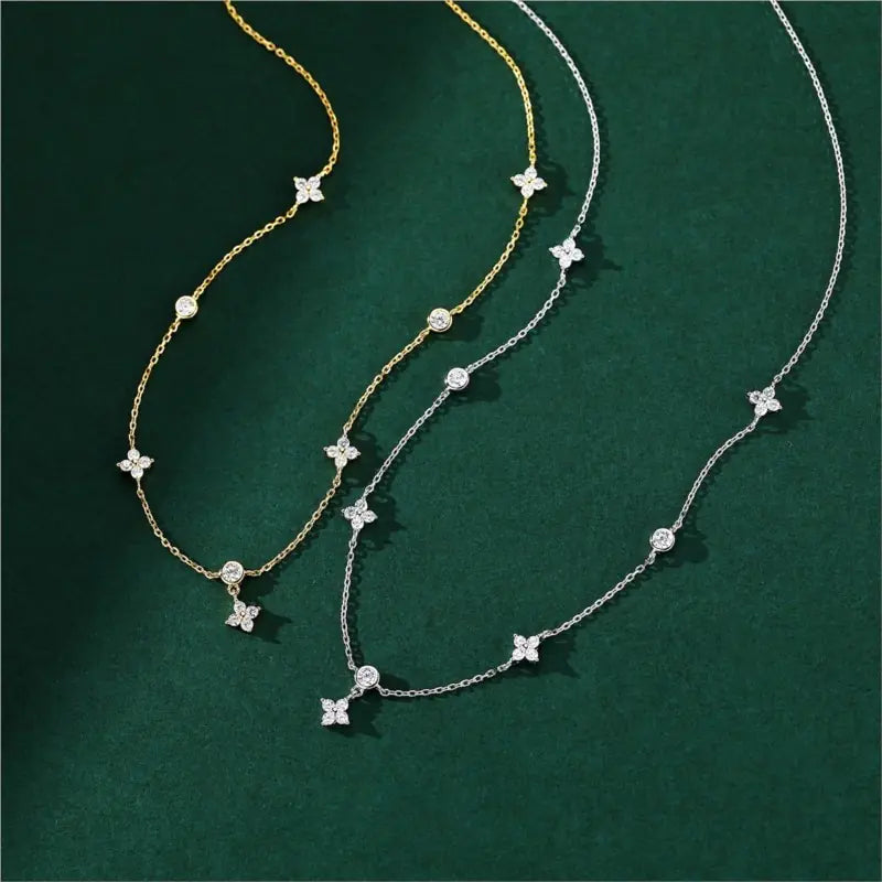 ANENJERY Inlaid Zircon Four-leaf Flower Chain Necklace for Women