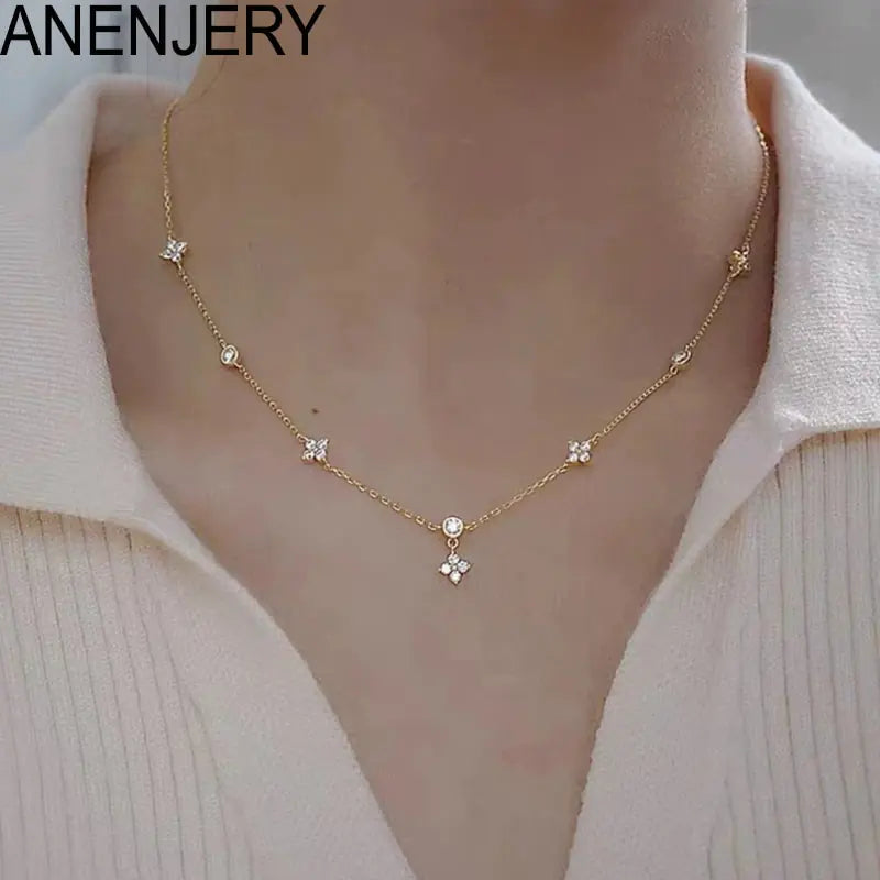 ANENJERY Inlaid Zircon Four-leaf Flower Chain Necklace for Women